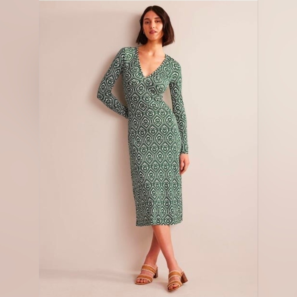 Boden Green and White Patterned Long Sleeve Midi Dress